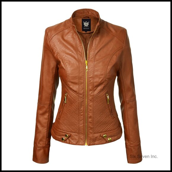 Jackets & Blazers - Slim Fit Vegan Leather Moto Jacket Women's Faux Leather Biker Coat